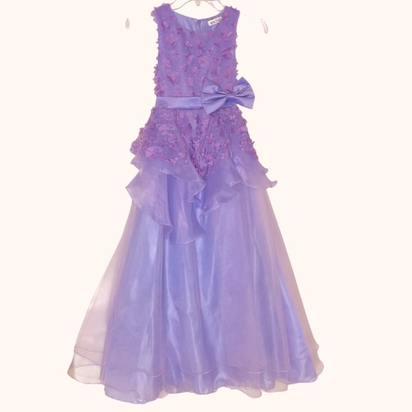 Girls Lilac 3D Floral Lace & Tulle Gown w/ Satin Bow NINJXD Pageant Dress - Picture 2 of 16